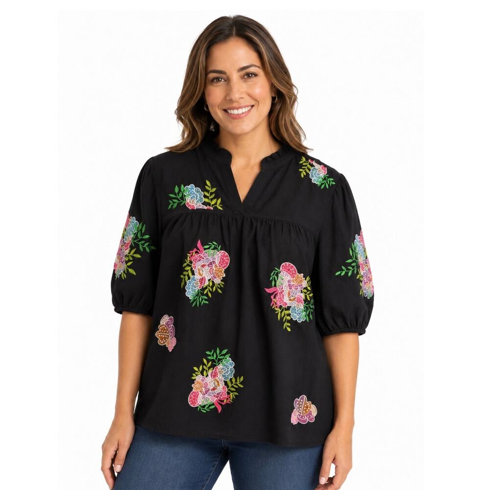 Cato Black Short Sleeve V-Neck Multi Color Floral Embroidery Boho Plus Sz 18/20W